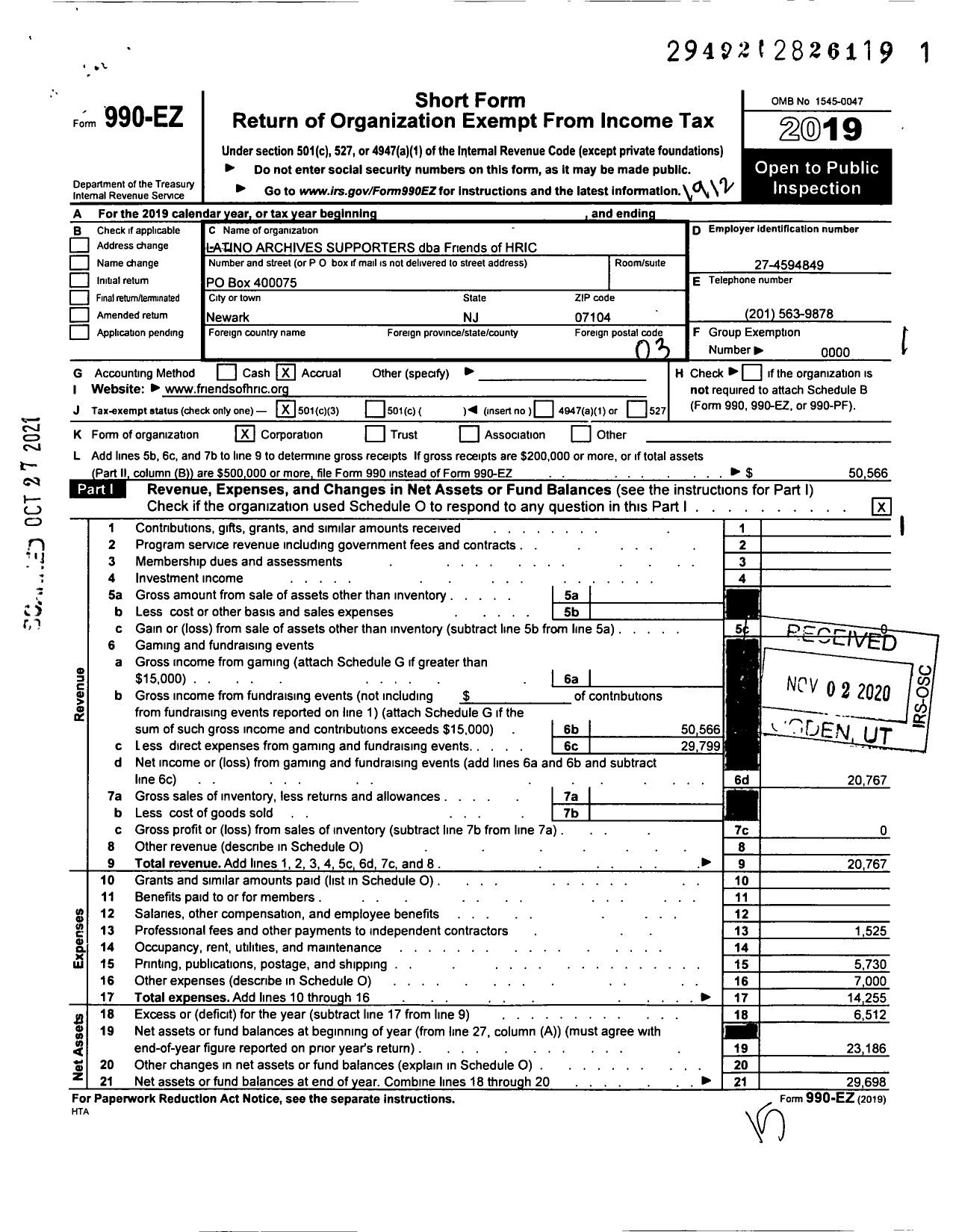 Image of first page of 2019 Form 990EZ for Friends of HRIC