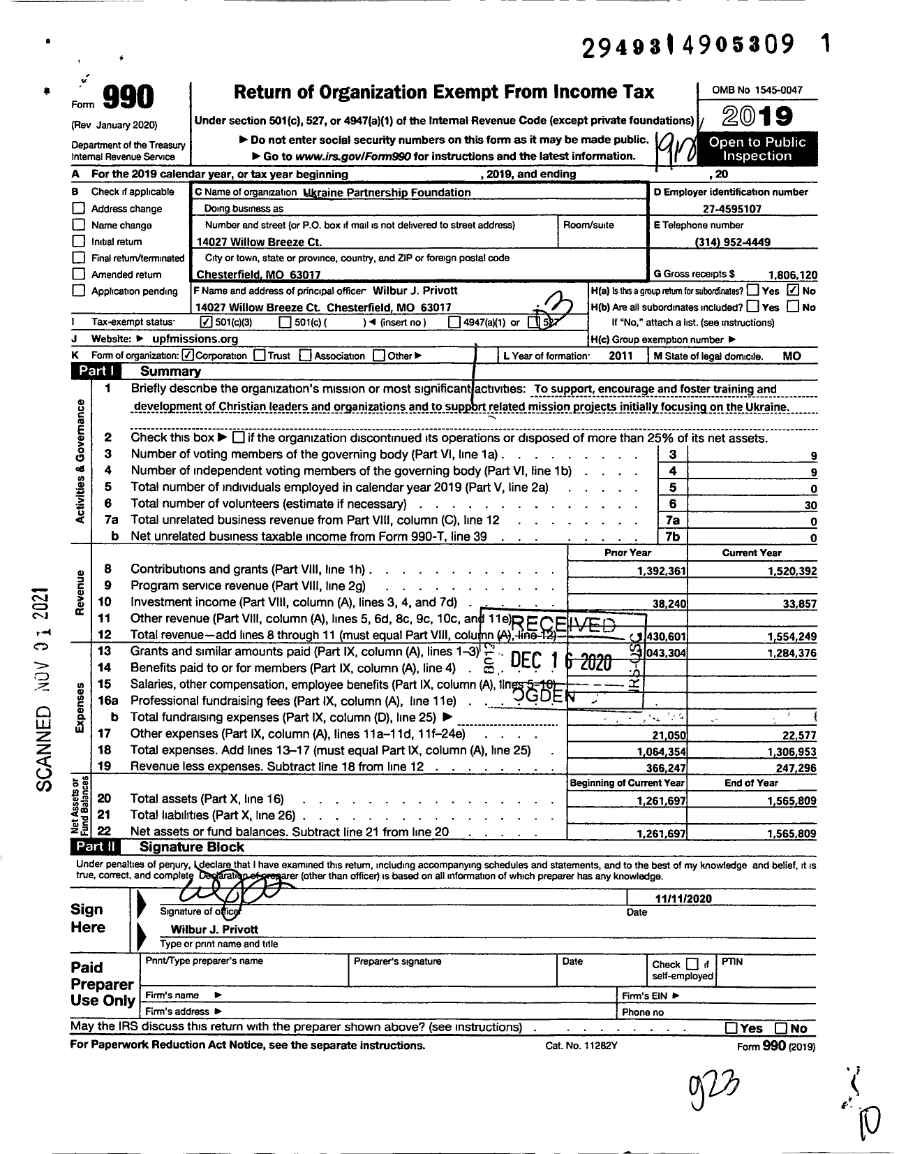 Image of first page of 2019 Form 990 for Ukraine Partnership Foundation