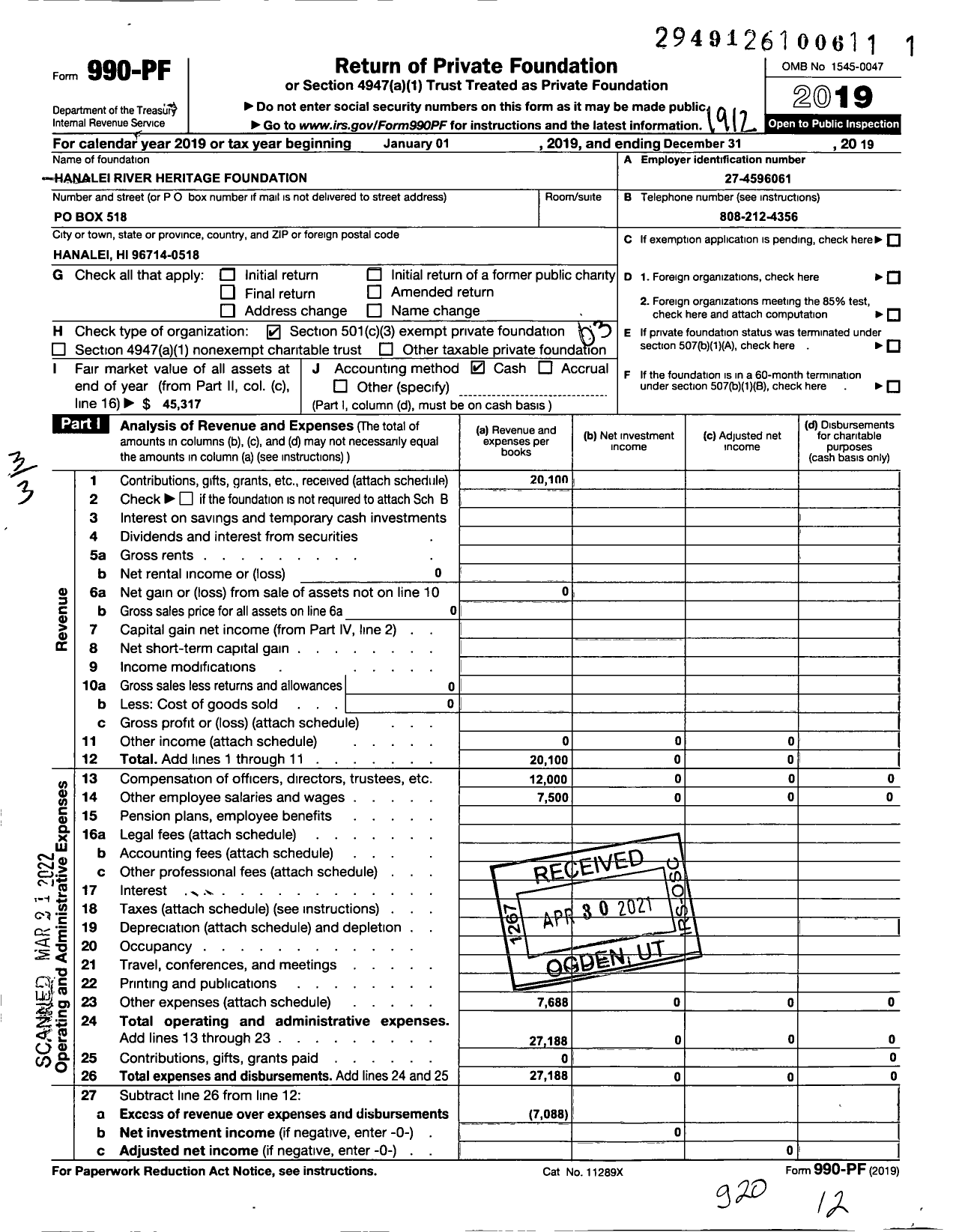 Image of first page of 2019 Form 990PF for Hanalei River Heritage Foundation