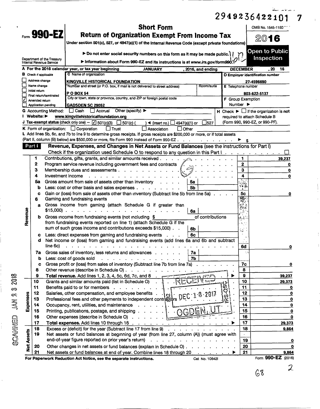 Image of first page of 2016 Form 990EZ for Kingville Historical Foundation