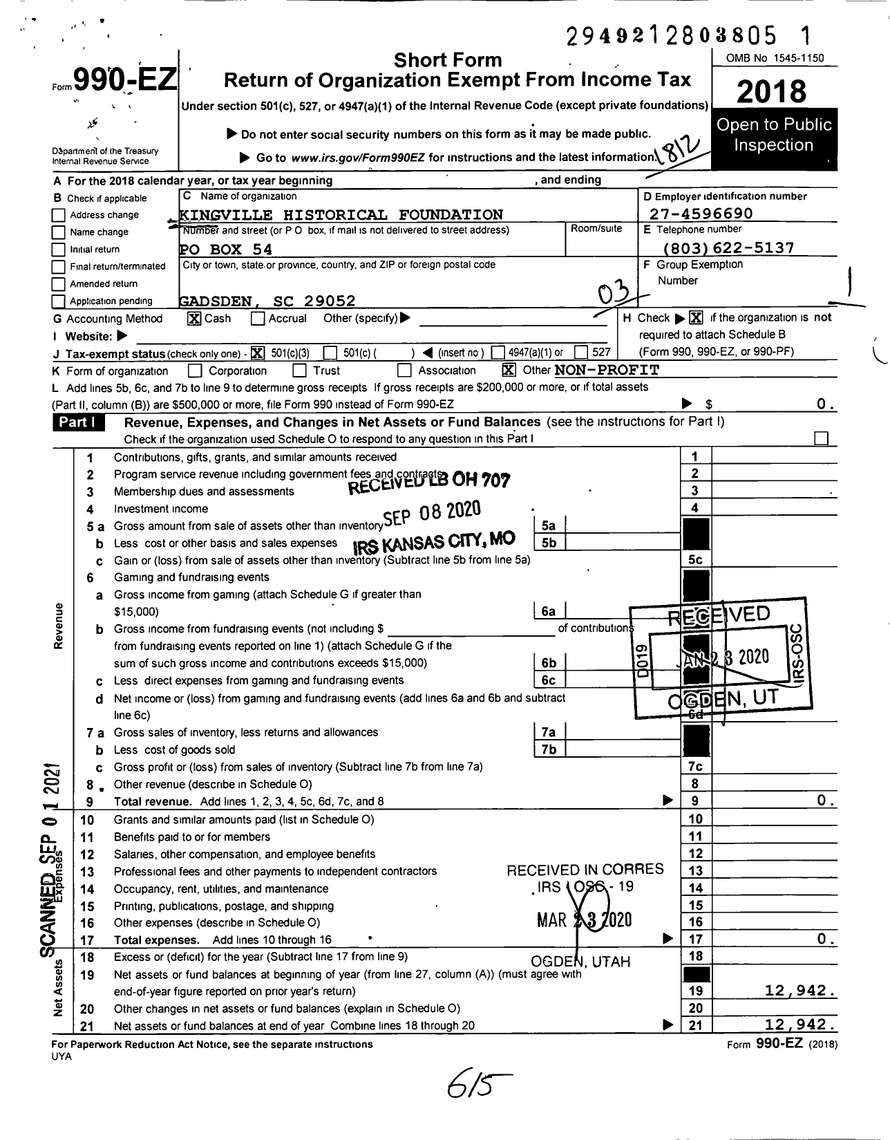 Image of first page of 2018 Form 990EZ for Kingville Historical Foundation