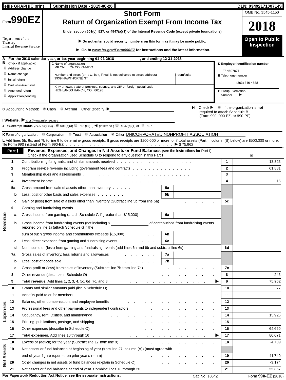 Image of first page of 2018 Form 990EZ for Milonee of Colorado