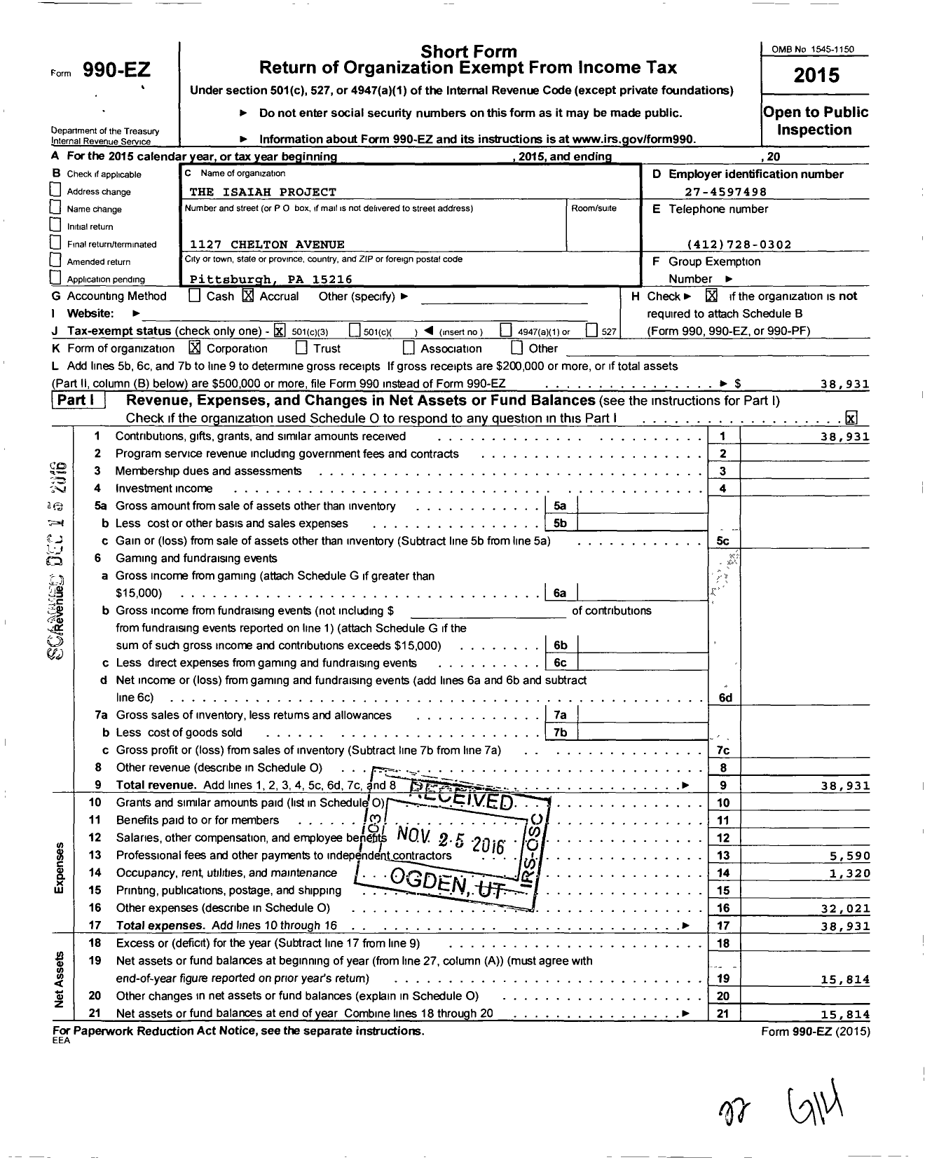 Image of first page of 2015 Form 990EZ for The Isaiah Project