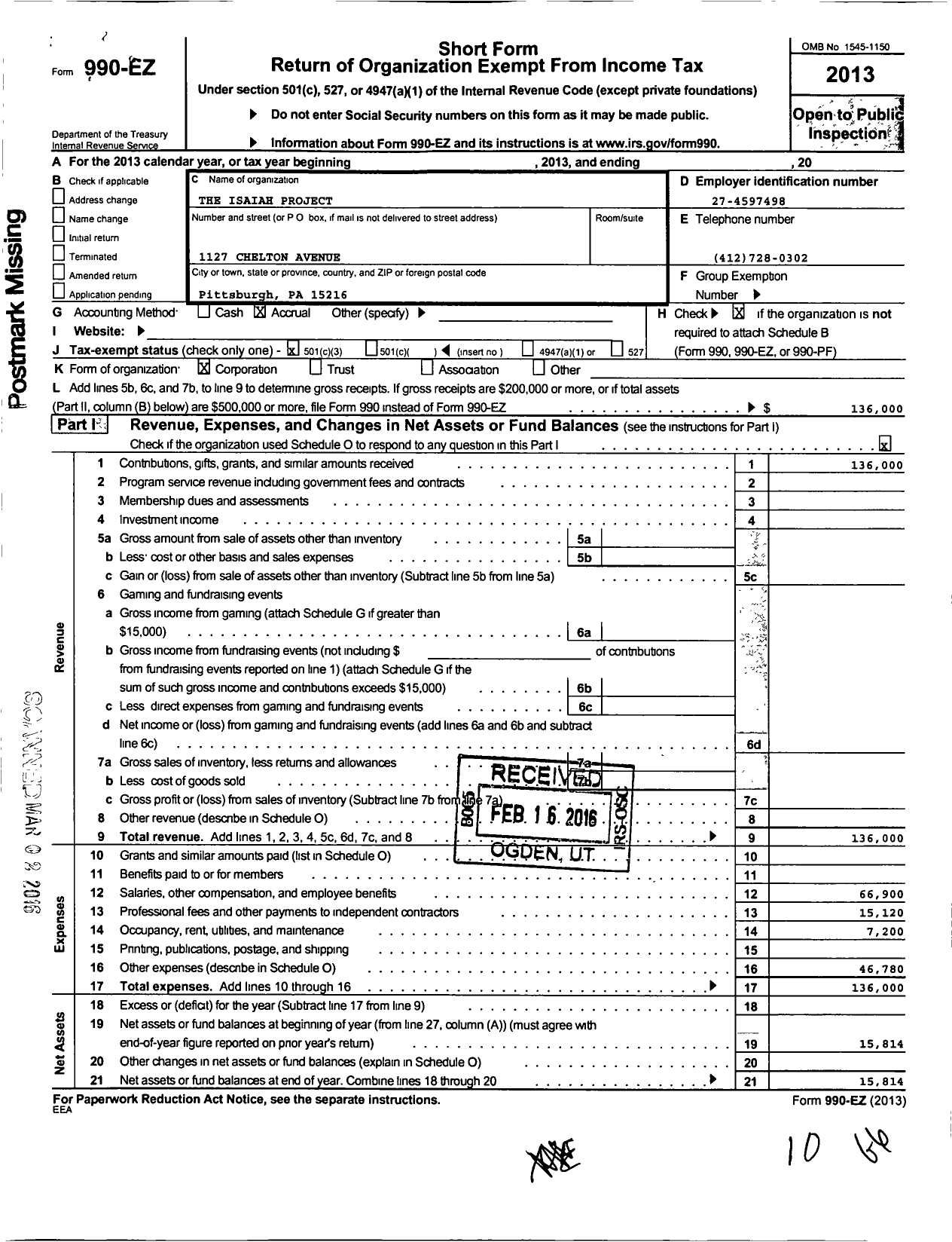 Image of first page of 2013 Form 990EZ for The Isaiah Project