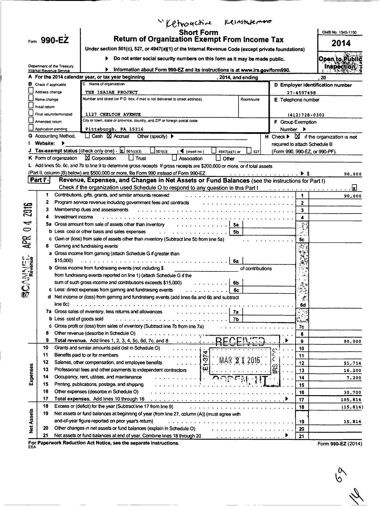 Image of first page of 2014 Form 990EZ for The Isaiah Project