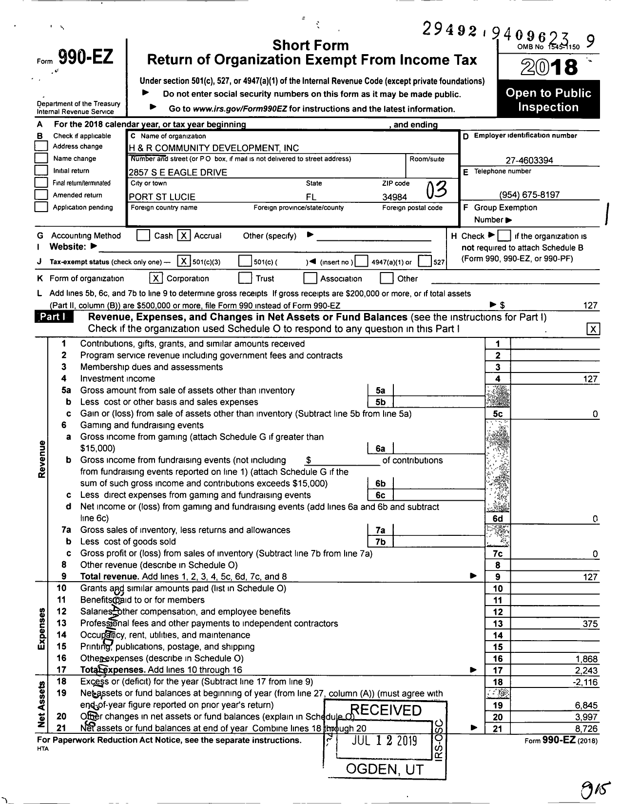 Image of first page of 2018 Form 990EZ for H and R Community Development