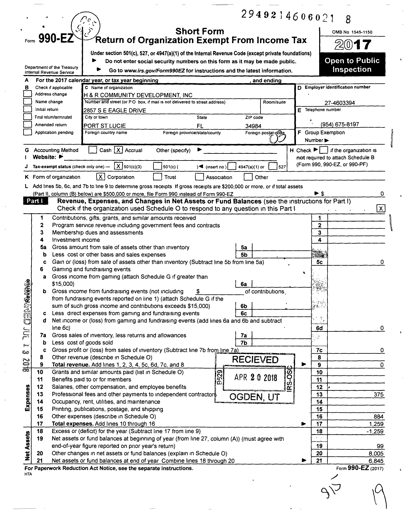 Image of first page of 2017 Form 990EZ for H and R Community Development