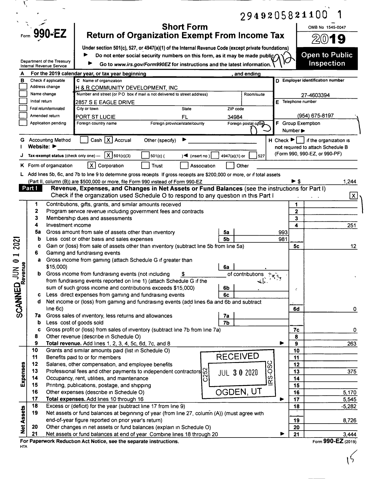 Image of first page of 2019 Form 990EZ for H and R Community Development