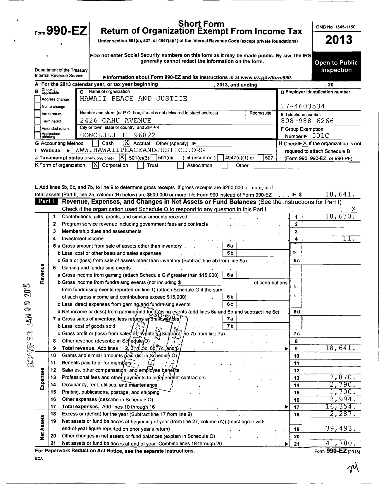 Image of first page of 2013 Form 990EZ for Hawaii Peace and Justice