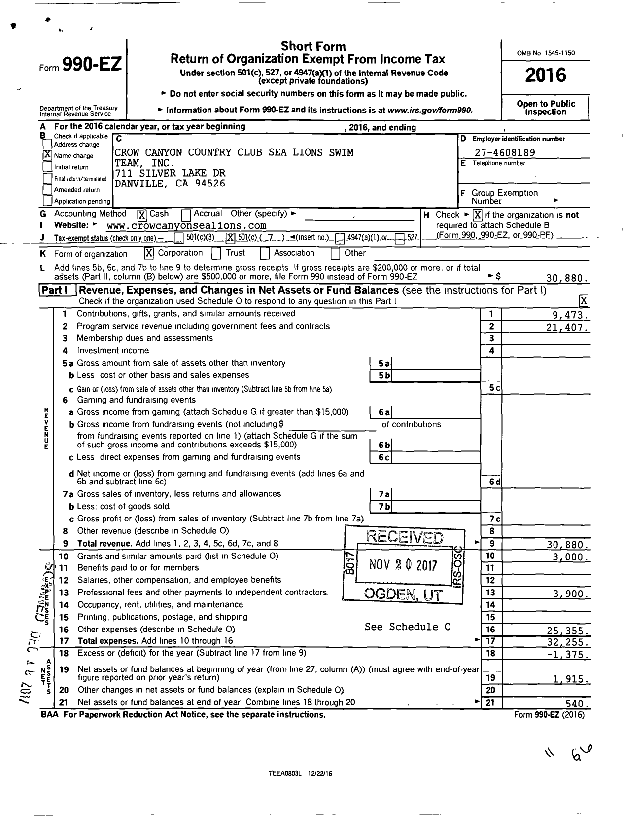 Image of first page of 2016 Form 990EO for Crow Canyon Country Club Sea Lions Swim Team