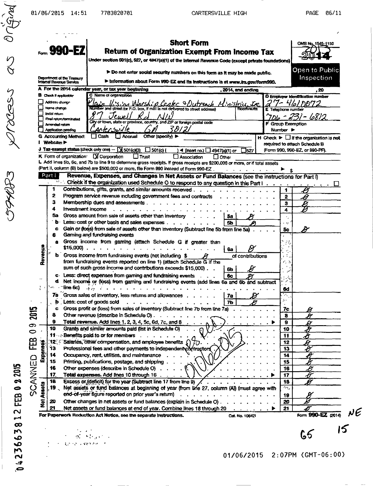 Image of first page of 2013 Form 990EZ for Plain Vision Worship Center and Outreach Ministries