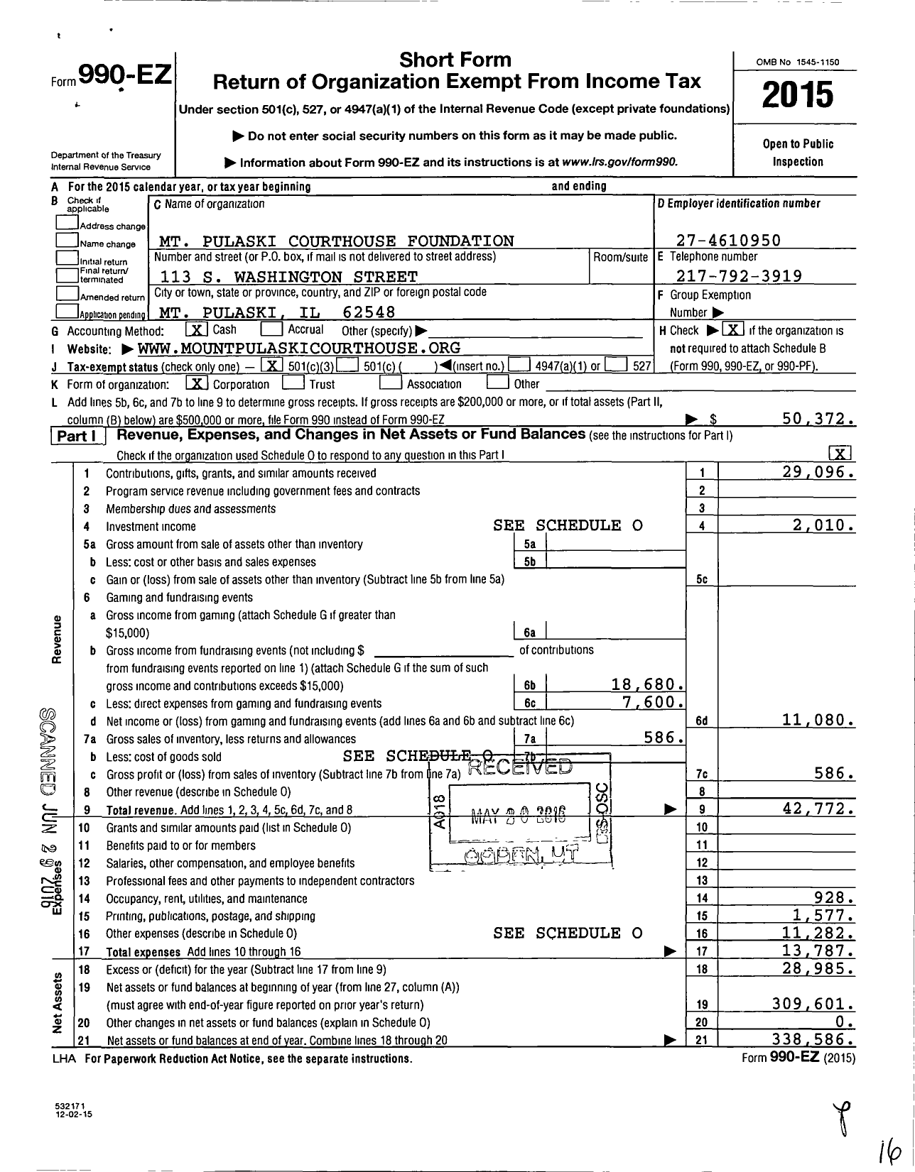 Image of first page of 2015 Form 990EZ for MT Pulaski Courthouse Foundation