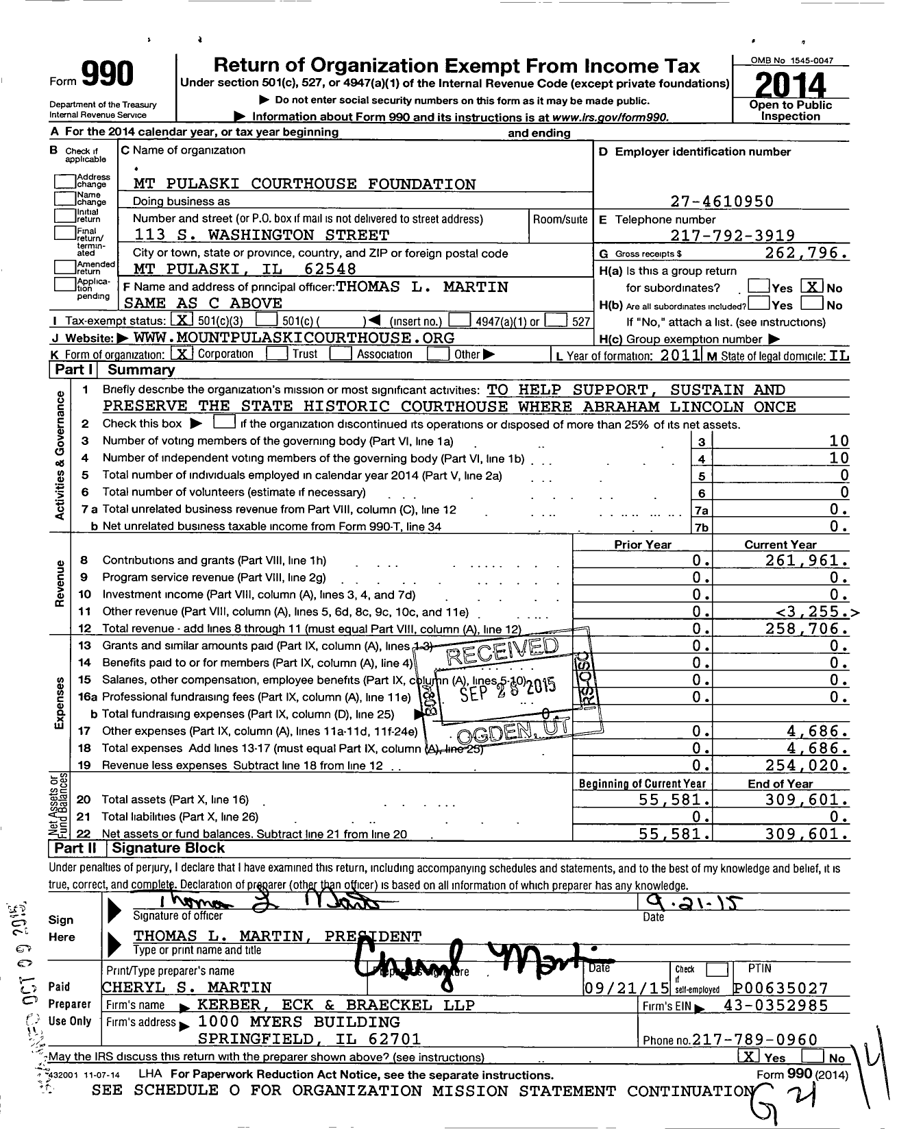 Image of first page of 2014 Form 990 for MT Pulaski Courthouse Foundation