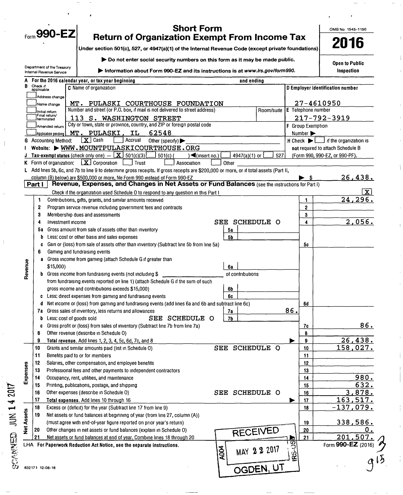 Image of first page of 2016 Form 990EZ for MT Pulaski Courthouse Foundation
