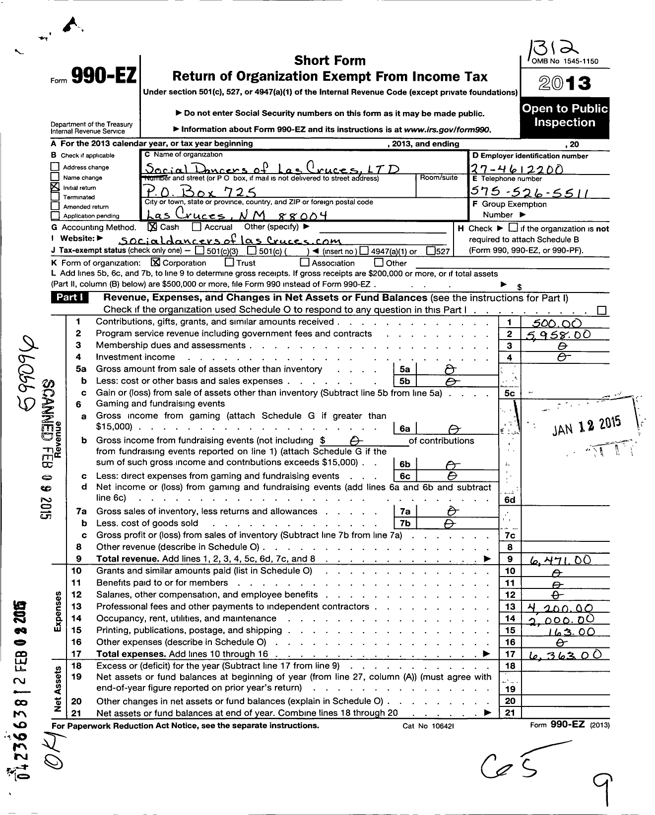 Image of first page of 2013 Form 990EO for Social Dancers of Las Cruces