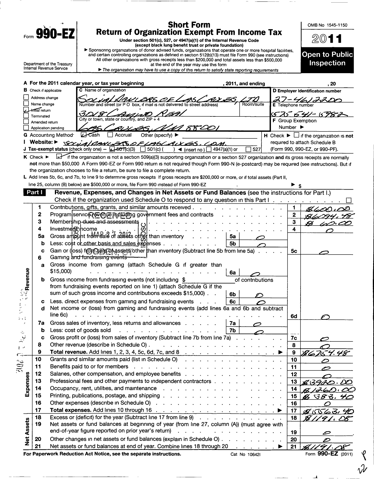 Image of first page of 2011 Form 990EZ for Social Dancers of Las Cruces