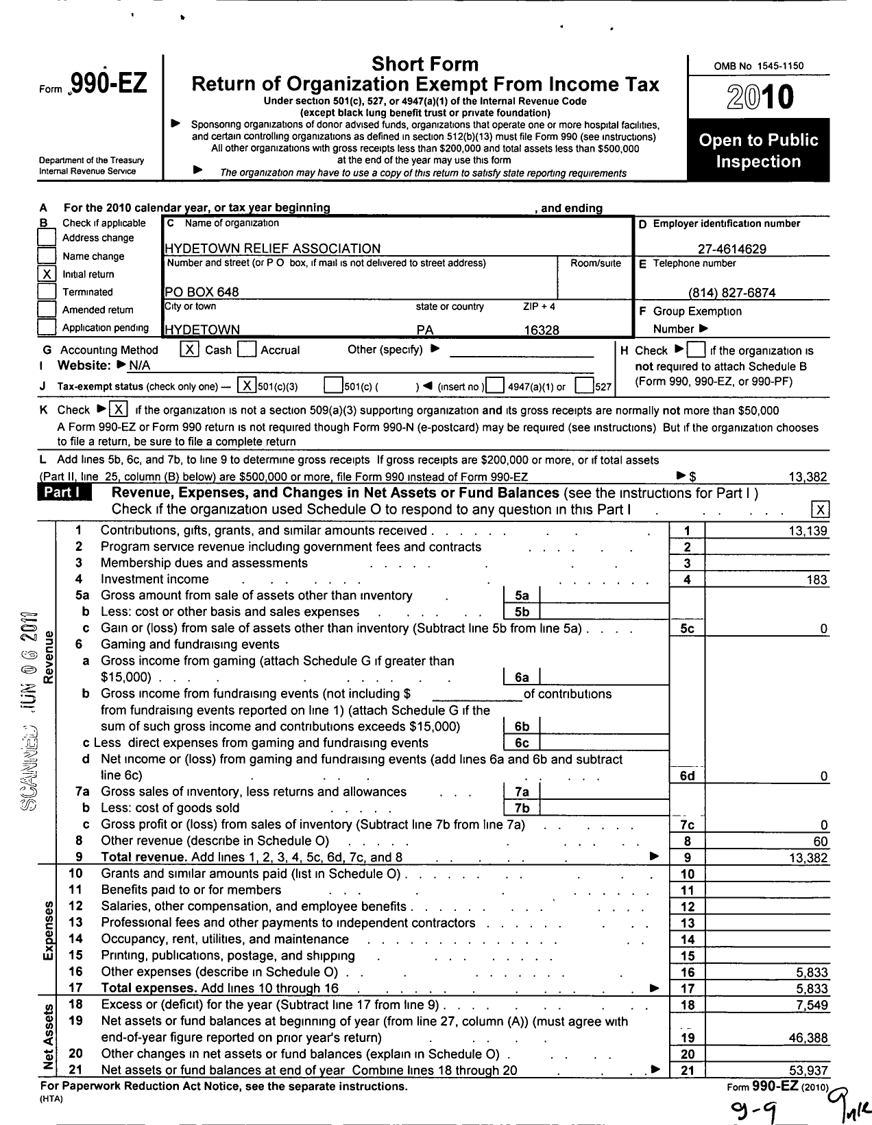 Image of first page of 2010 Form 990EZ for Hydetown Relief Association