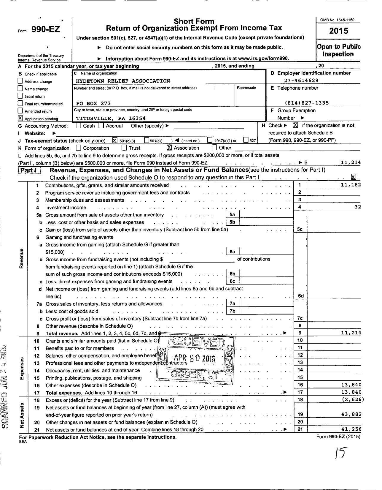 Image of first page of 2015 Form 990EZ for Hydetown Relief Association