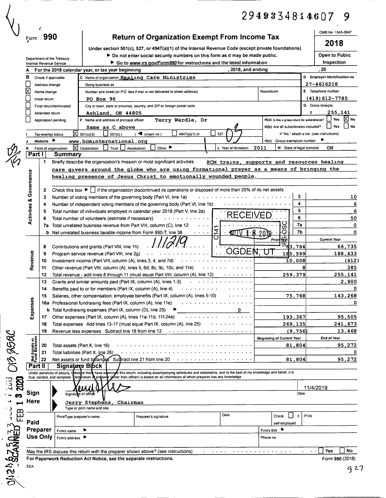 Image of first page of 2018 Form 990 for Healing Care Ministries