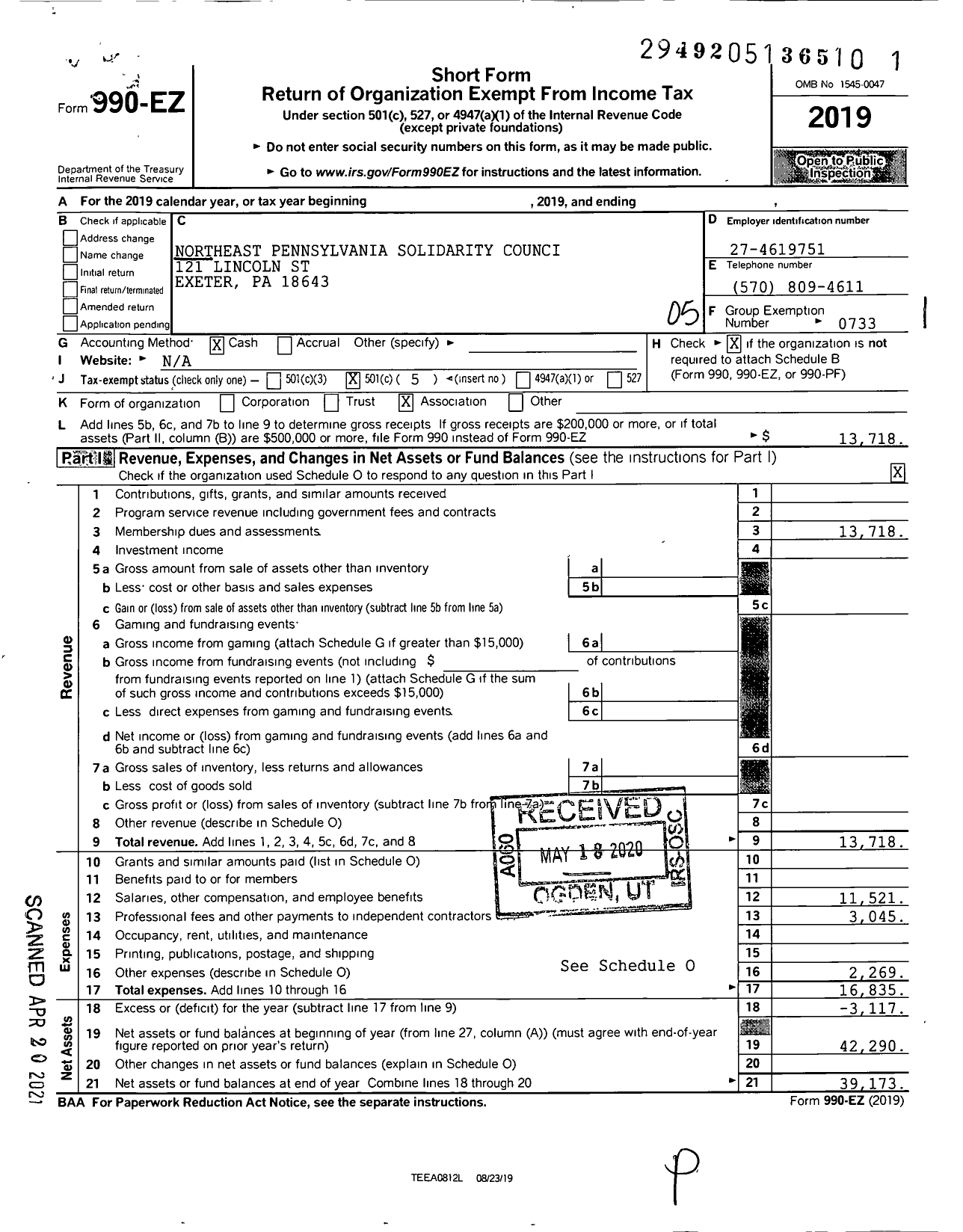 Image of first page of 2019 Form 990EO for Utility Workers Union of America - Nepa Solidarity Council