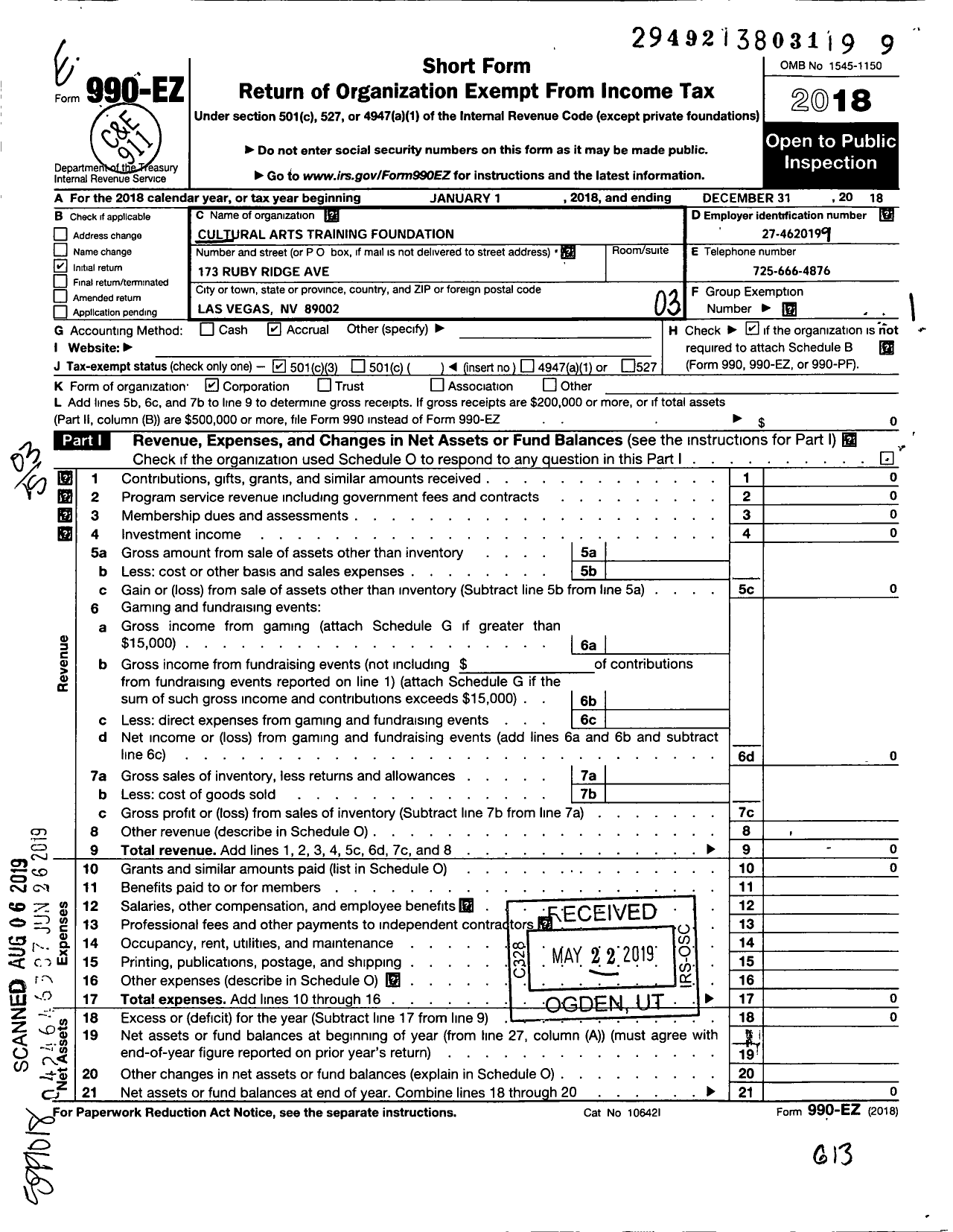 Image of first page of 2018 Form 990EZ for Cultural Arts Training Foundation