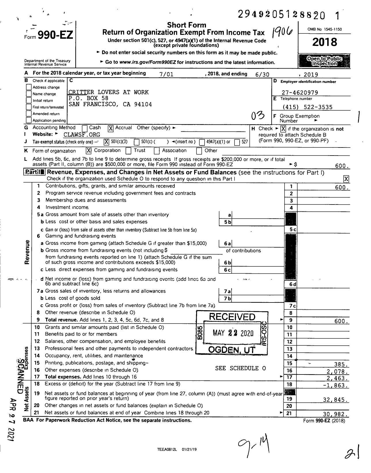 Image of first page of 2018 Form 990EZ for National Service Animals Memorial