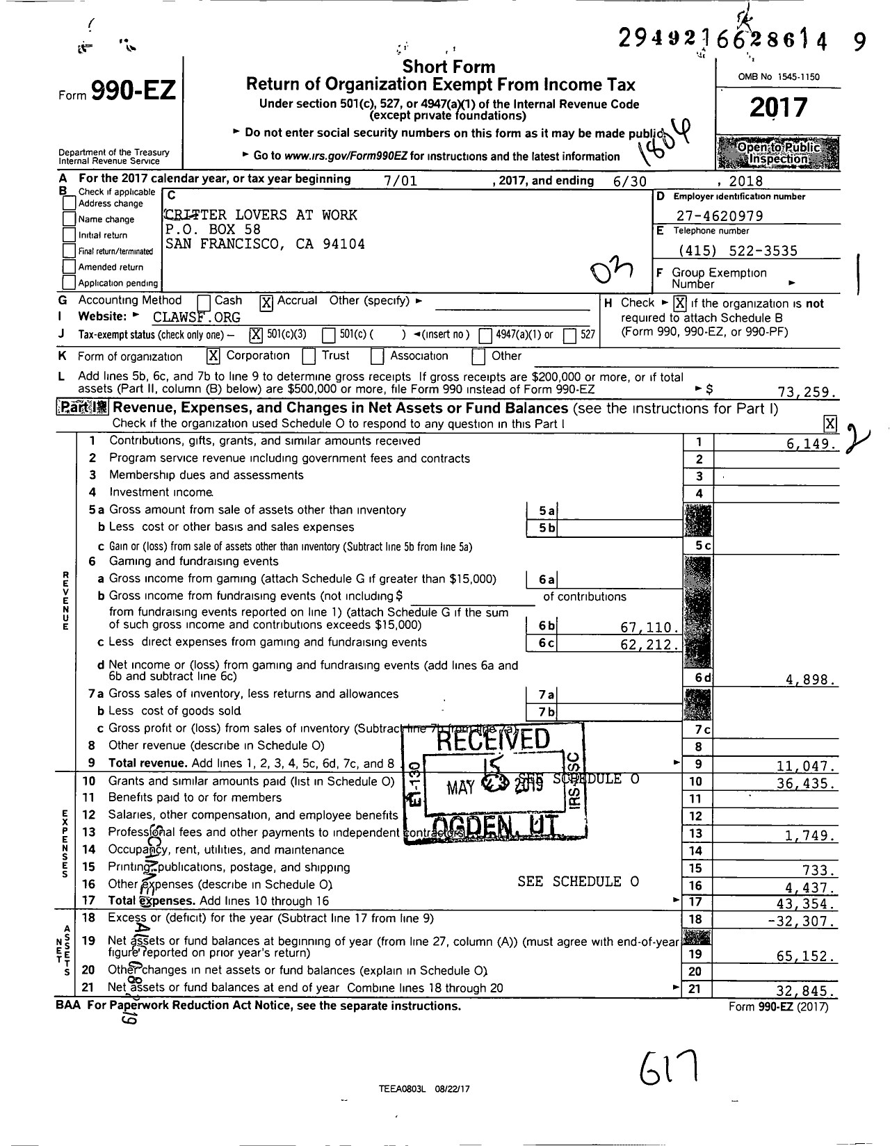 Image of first page of 2017 Form 990EZ for National Service Animals Memorial