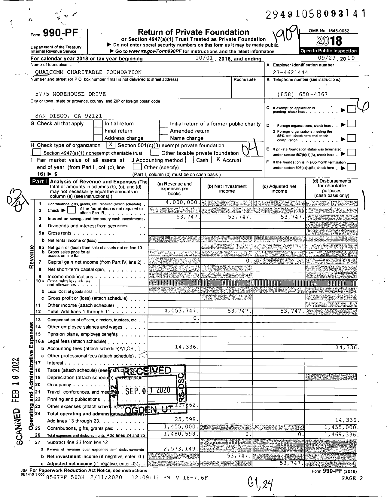 Image of first page of 2018 Form 990PF for Qualcomm Charitable Foundation