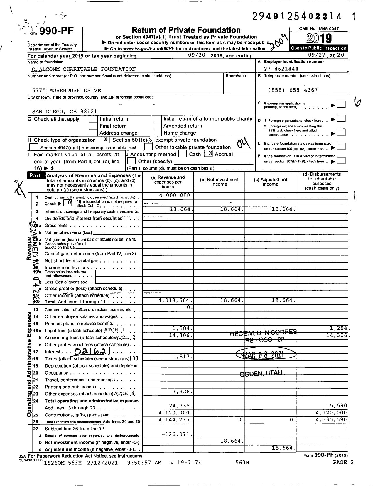 Image of first page of 2019 Form 990PF for Qualcomm Charitable Foundation