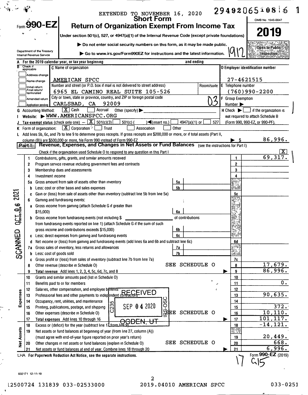 Image of first page of 2019 Form 990EZ for American SPCC