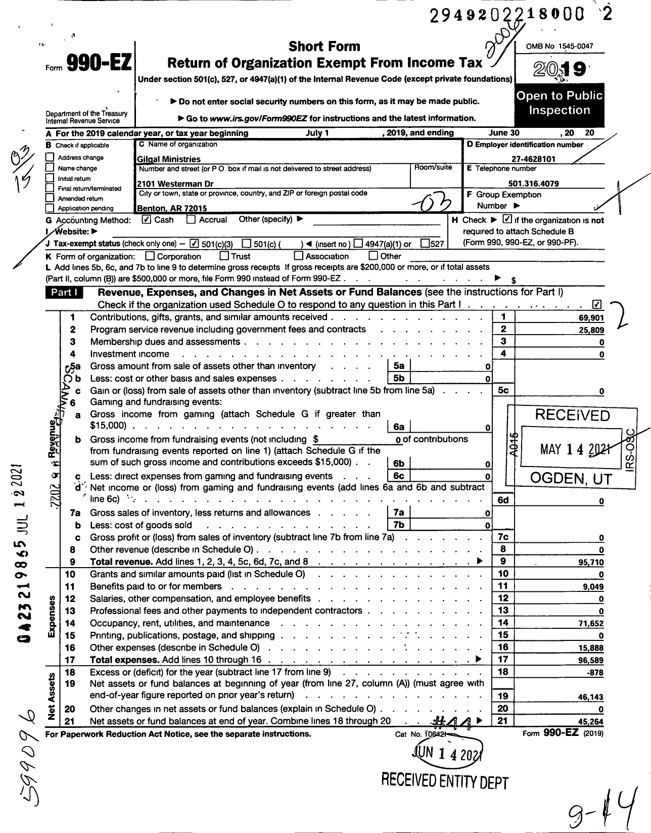 Image of first page of 2019 Form 990EZ for Gilgal Ministries