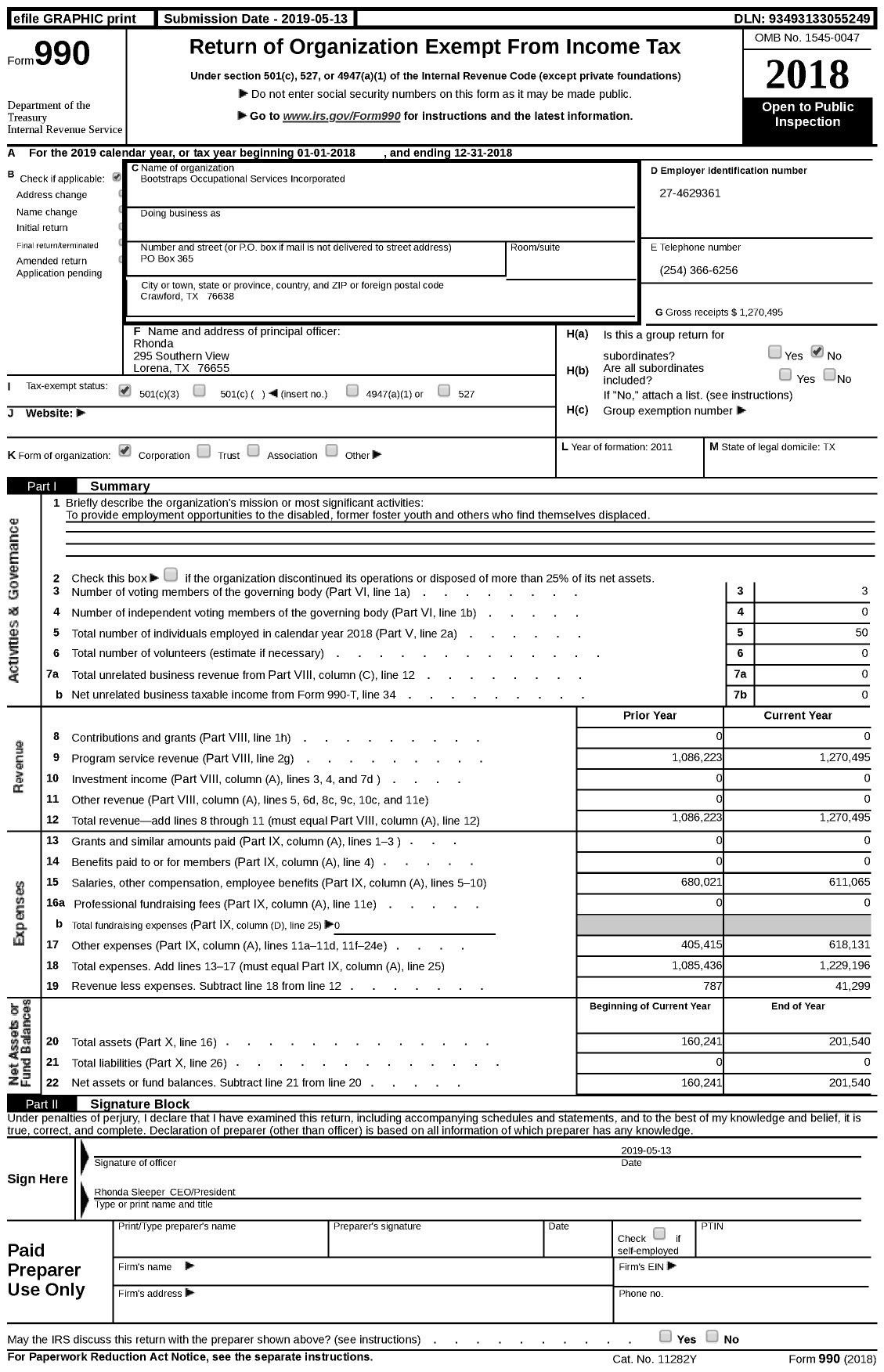 Image of first page of 2018 Form 990 for Bootstraps Occupational Services