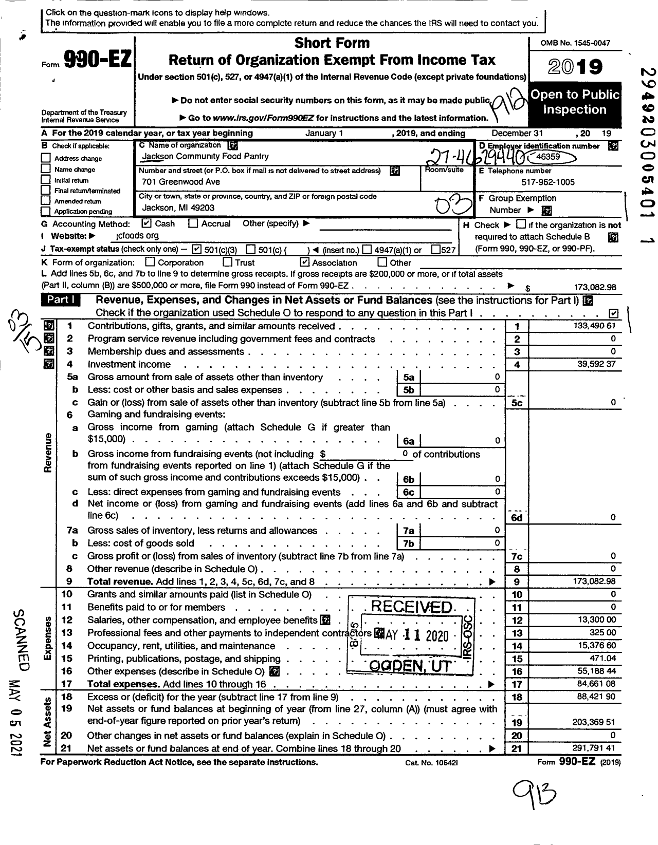 Image of first page of 2019 Form 990EZ for Jackson Community Food Pantry