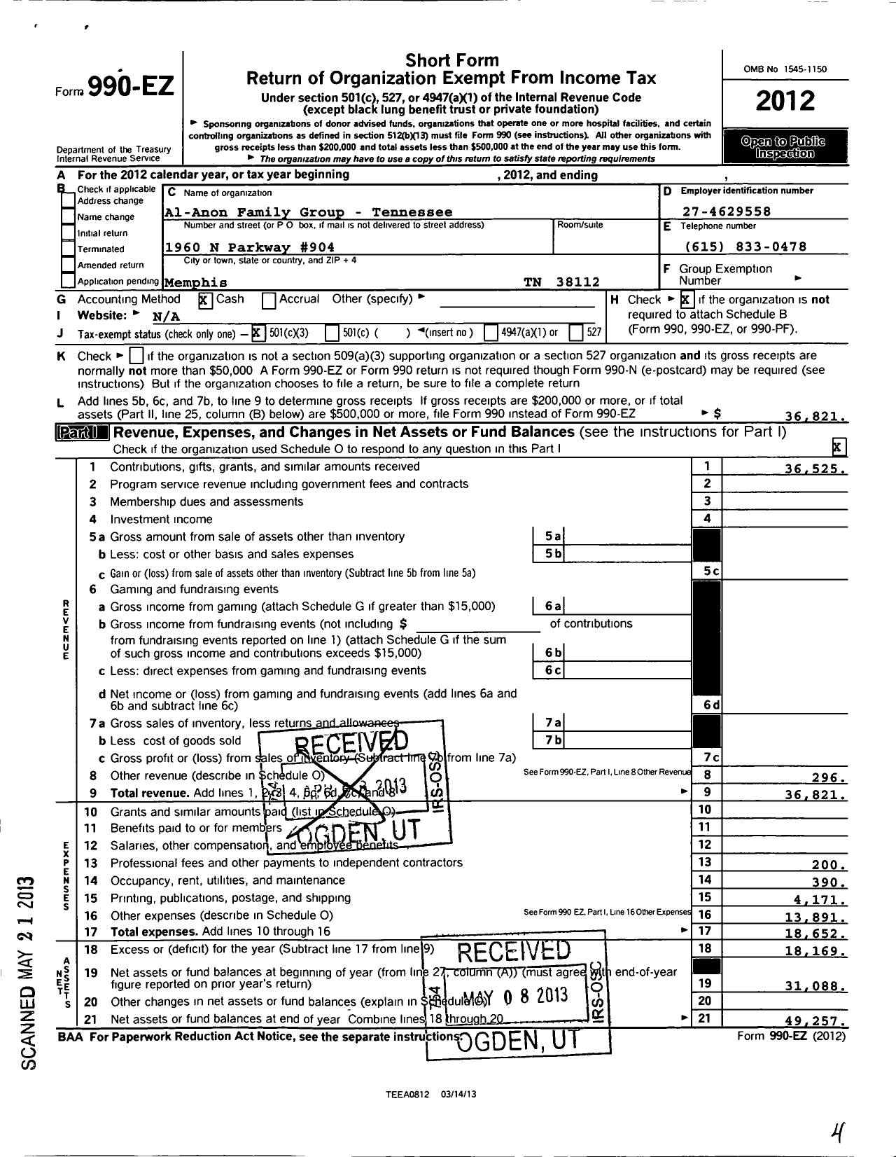 Image of first page of 2012 Form 990EZ for Al-Anon Family Group - Tennessee