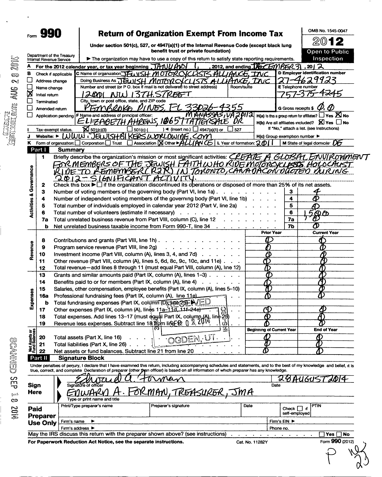 Image of first page of 2012 Form 990 for Jewish Motorcyclist Alliance