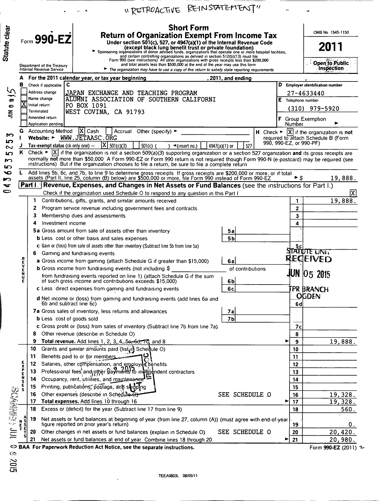 Image of first page of 2011 Form 990EZ for Japan Exchange and Teaching Program Alumni Association of Southern Ca