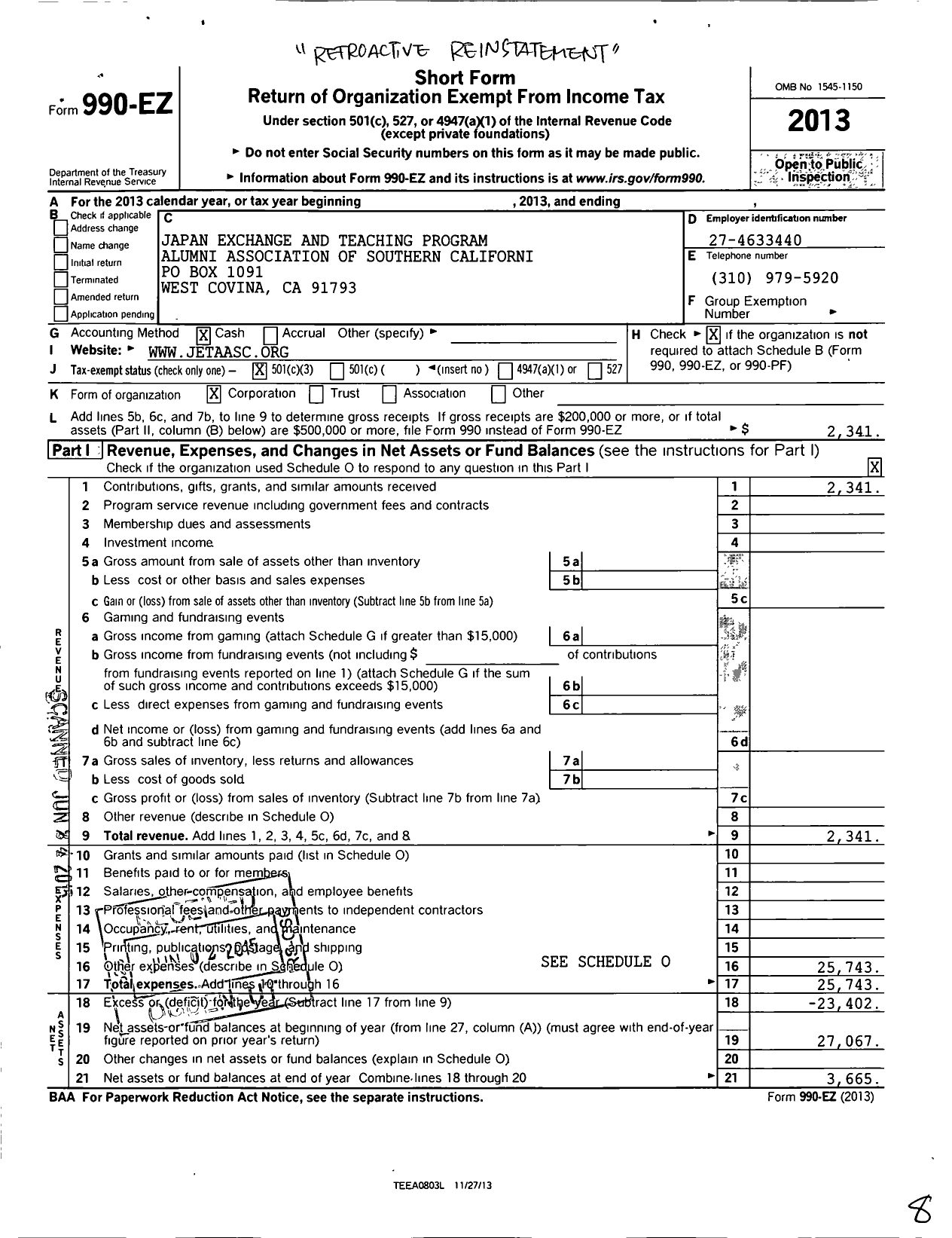 Image of first page of 2013 Form 990EZ for Japan Exchange and Teaching Program Alumni Association of Southern Ca