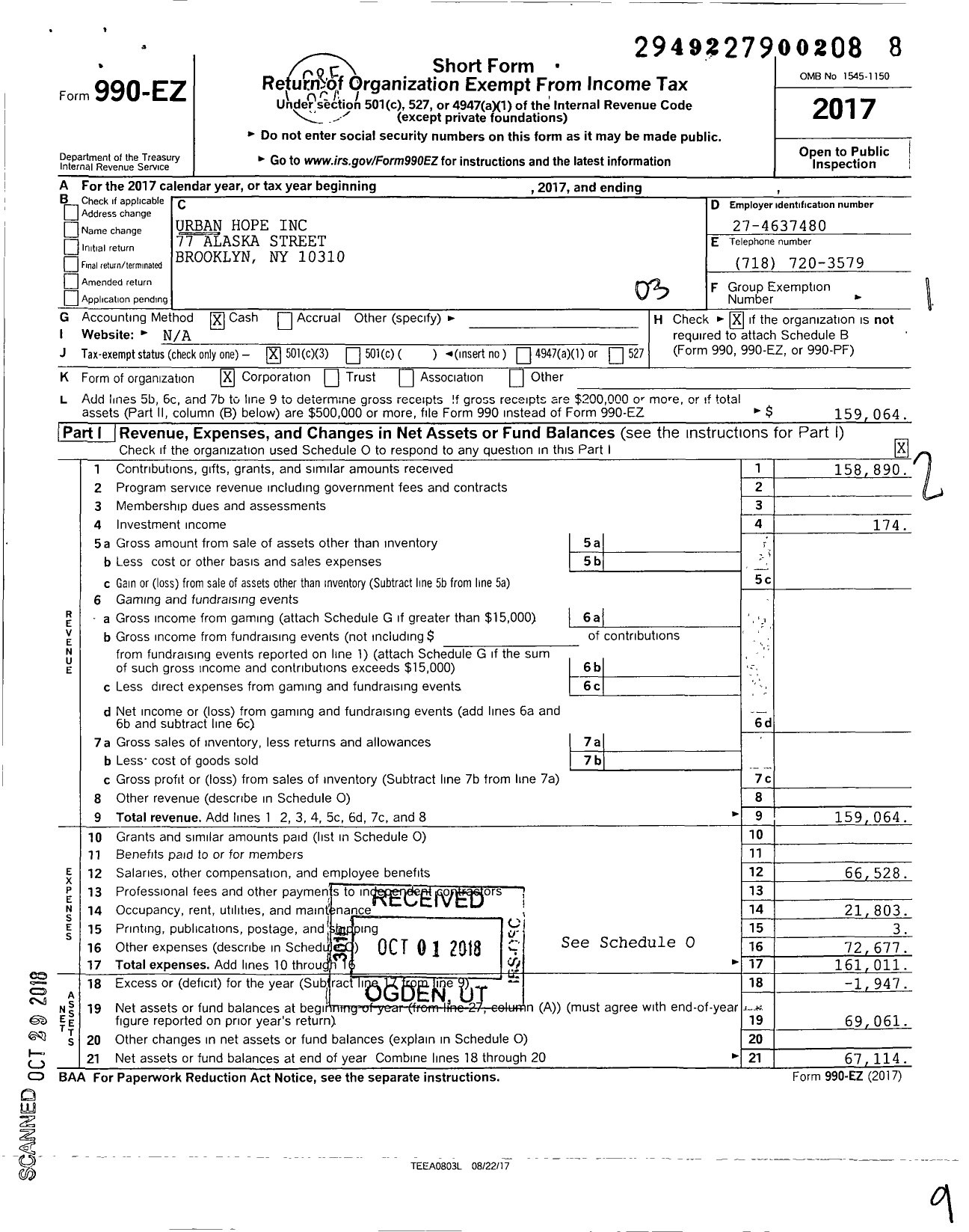 Image of first page of 2017 Form 990EZ for Urban Hope