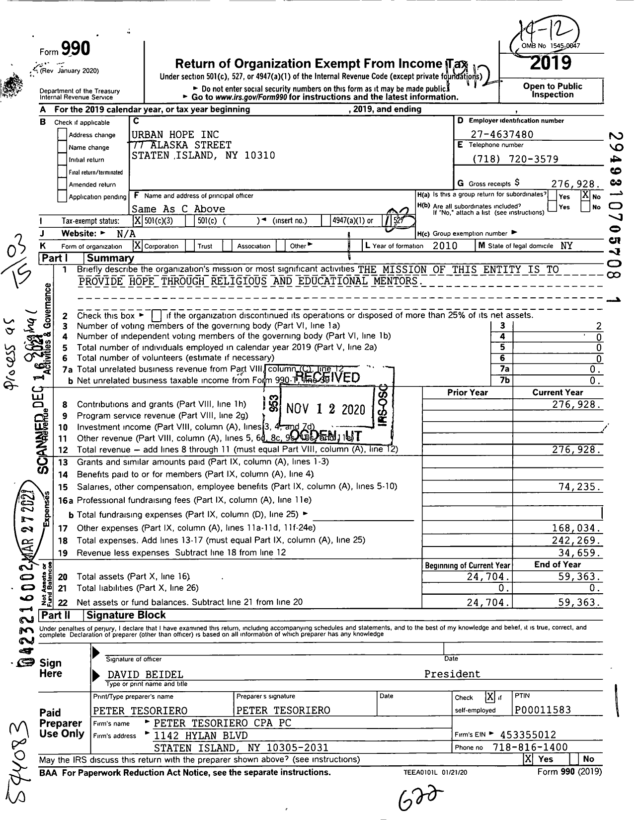 Image of first page of 2019 Form 990 for Urban Hope