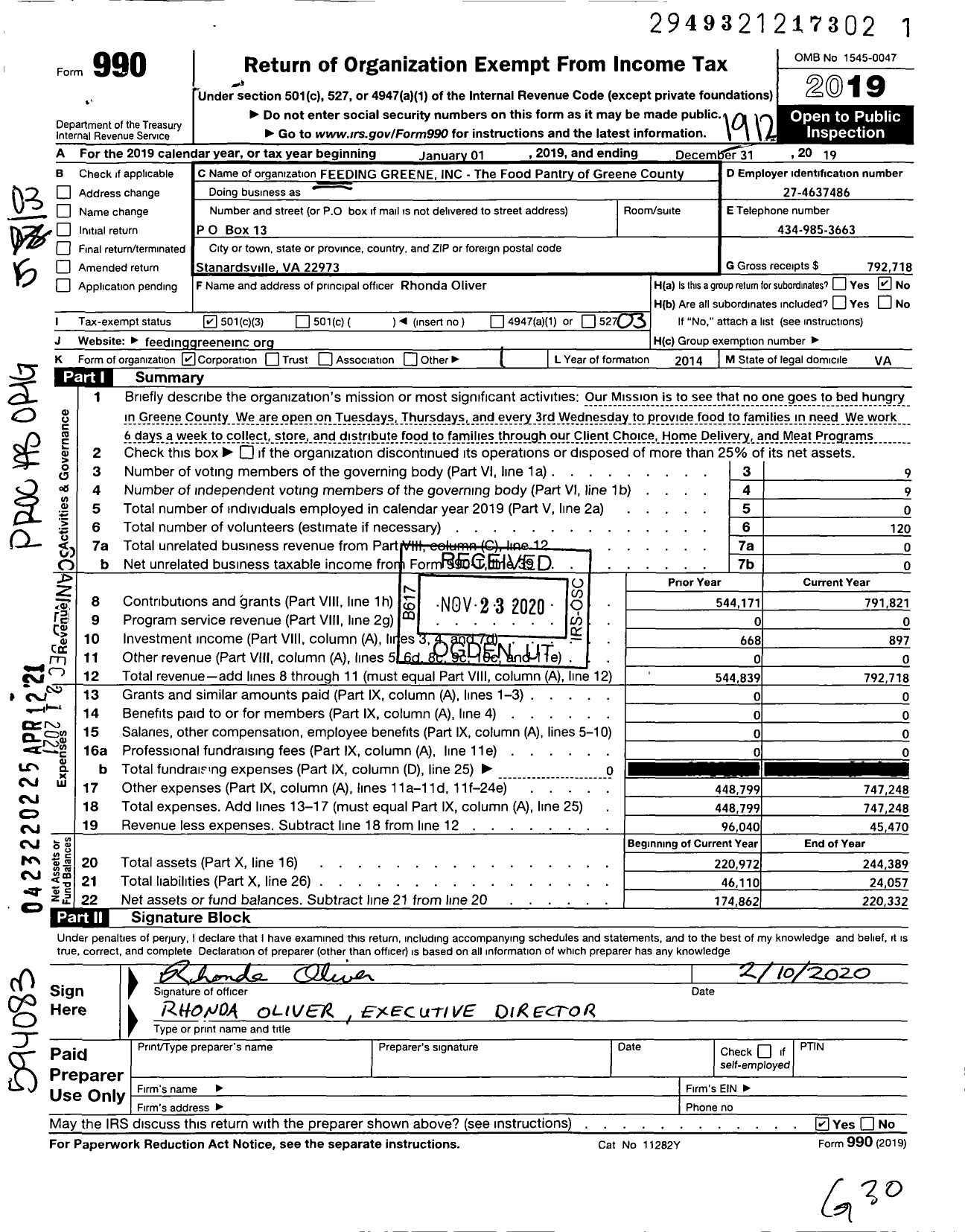 Image of first page of 2019 Form 990 for Feeding Greene - The Food Pantry of Greene County