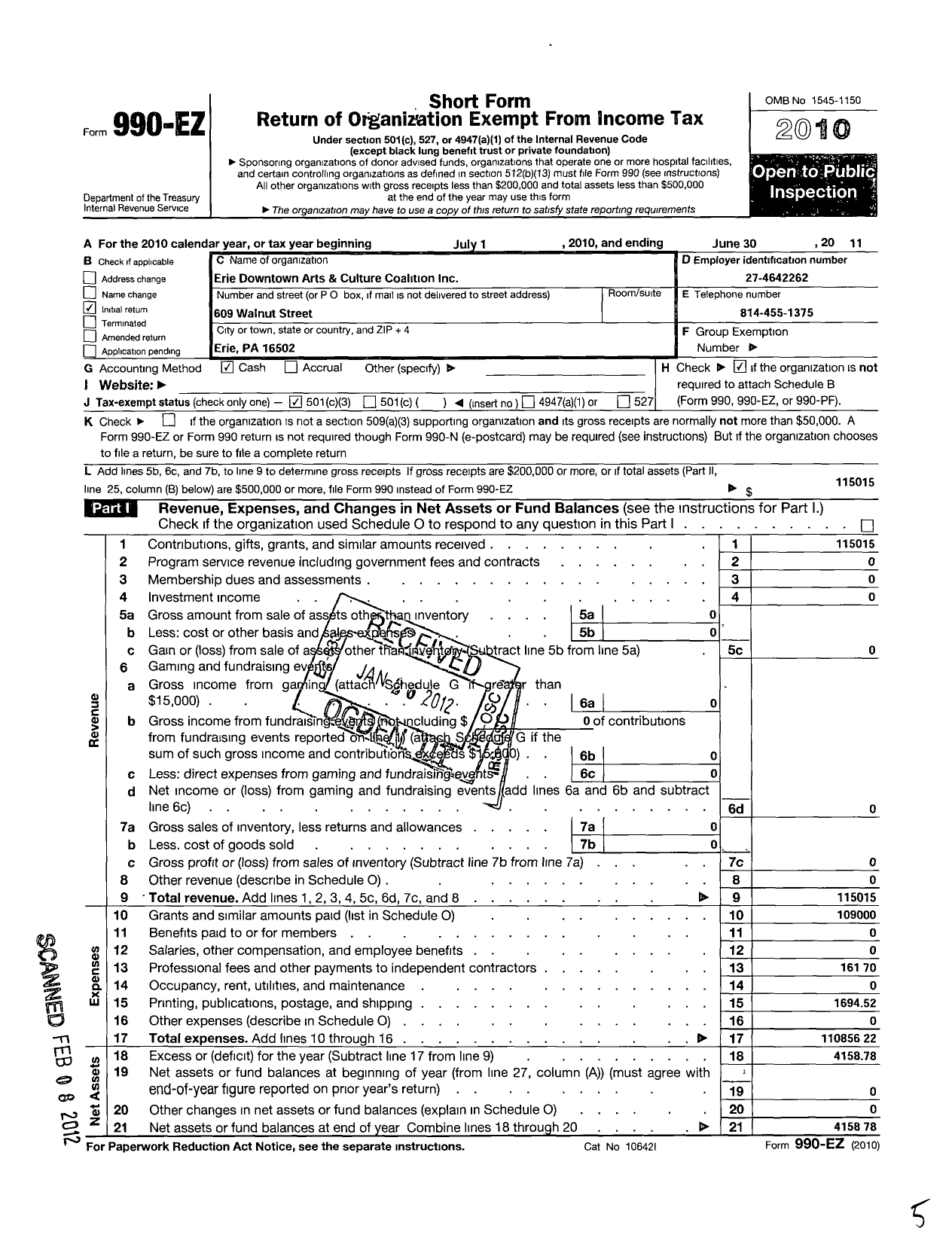 Image of first page of 2010 Form 990EZ for Erie Downtown Arts and Culture Coalition