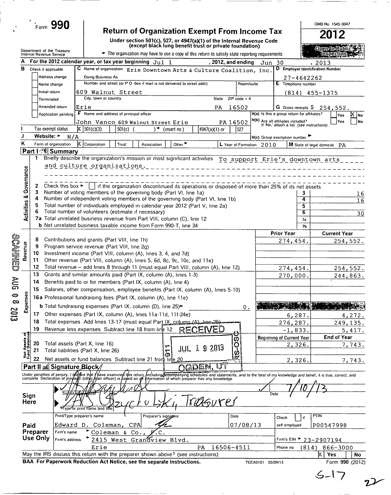 Image of first page of 2012 Form 990 for Erie Downtown Arts and Culture Coalition