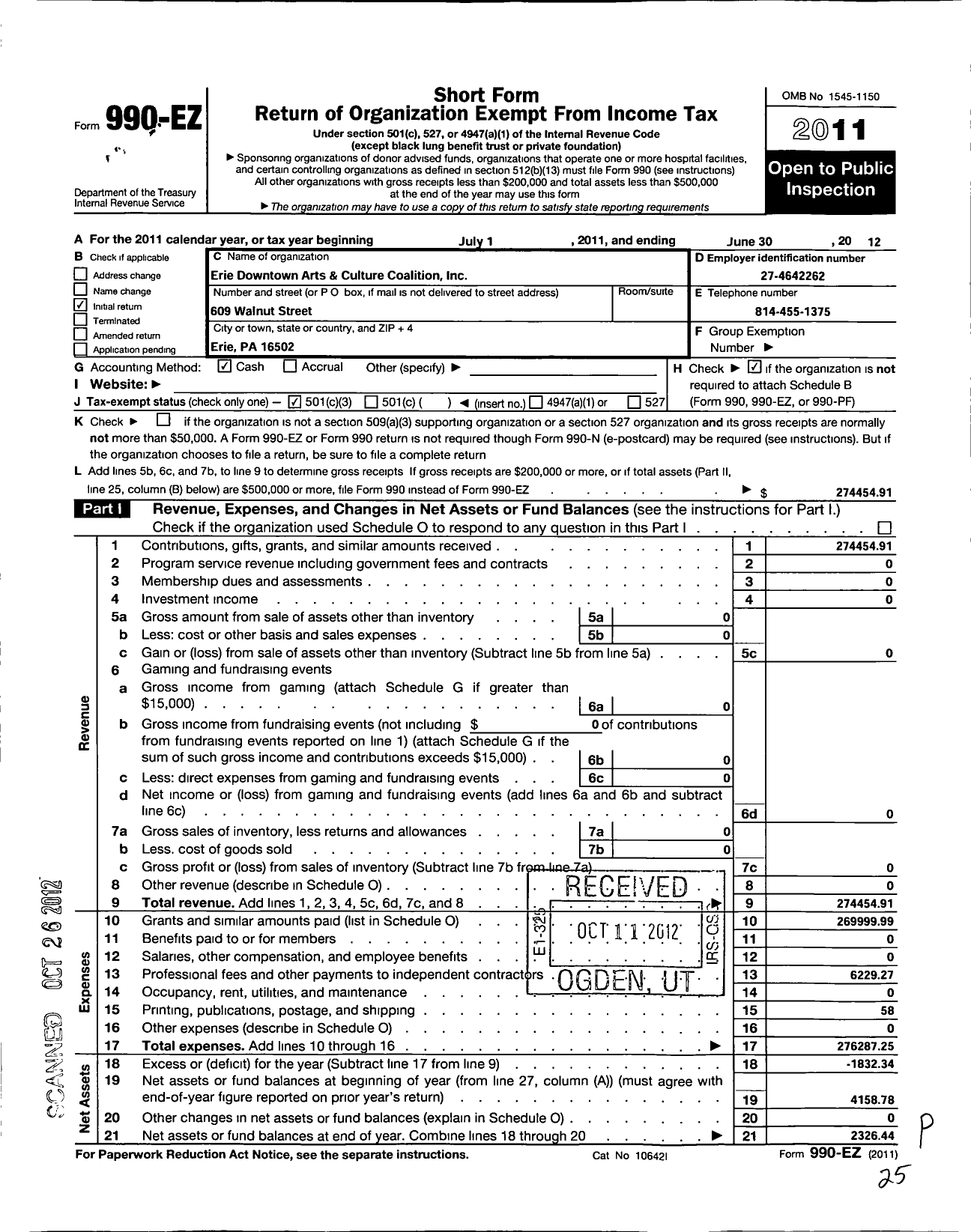 Image of first page of 2011 Form 990EZ for Erie Downtown Arts and Culture Coalition