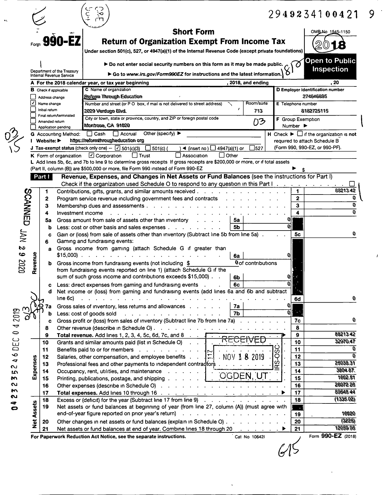 Image of first page of 2018 Form 990EZ for Ferguson Humanitarian Foundation