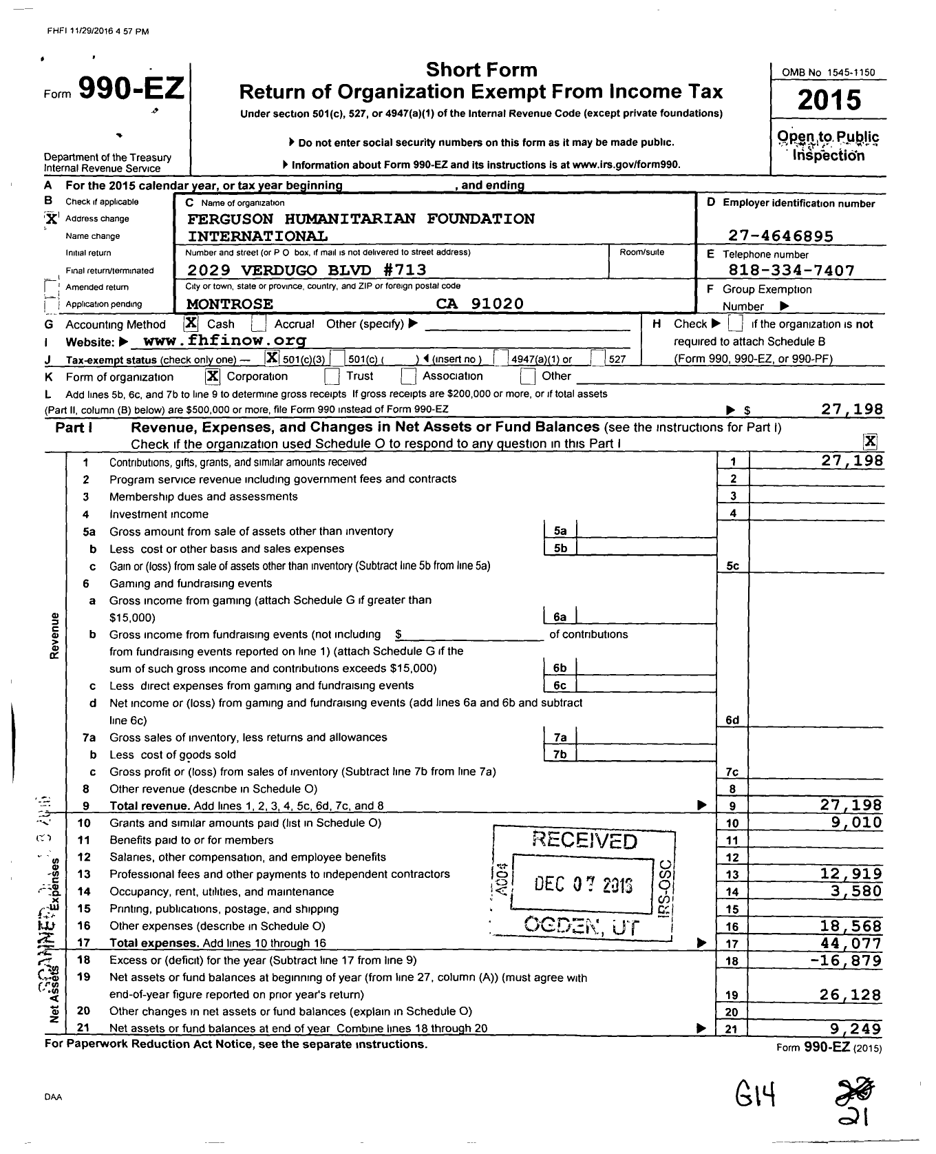 Image of first page of 2015 Form 990EZ for Ferguson Humanitarian Foundation