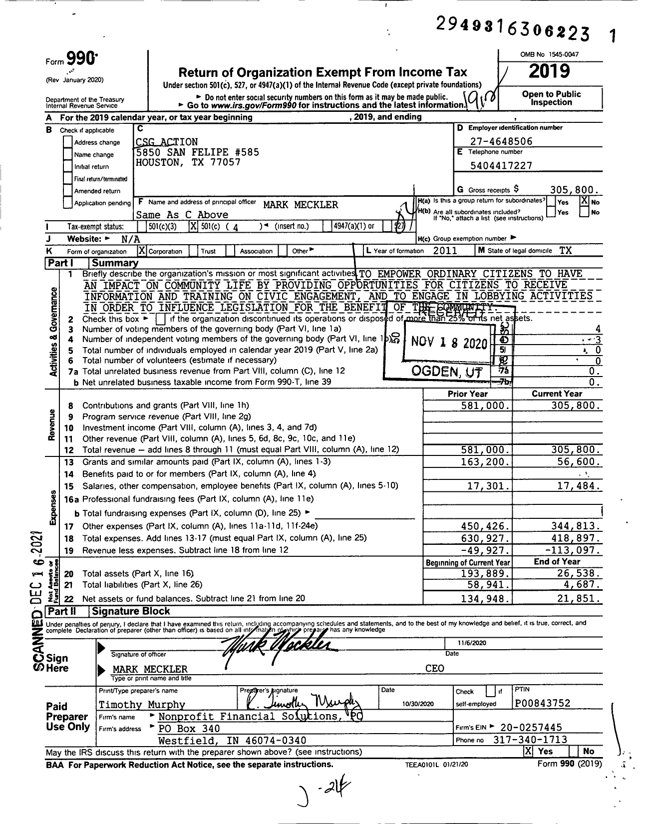 Image of first page of 2019 Form 990O for CSG Action