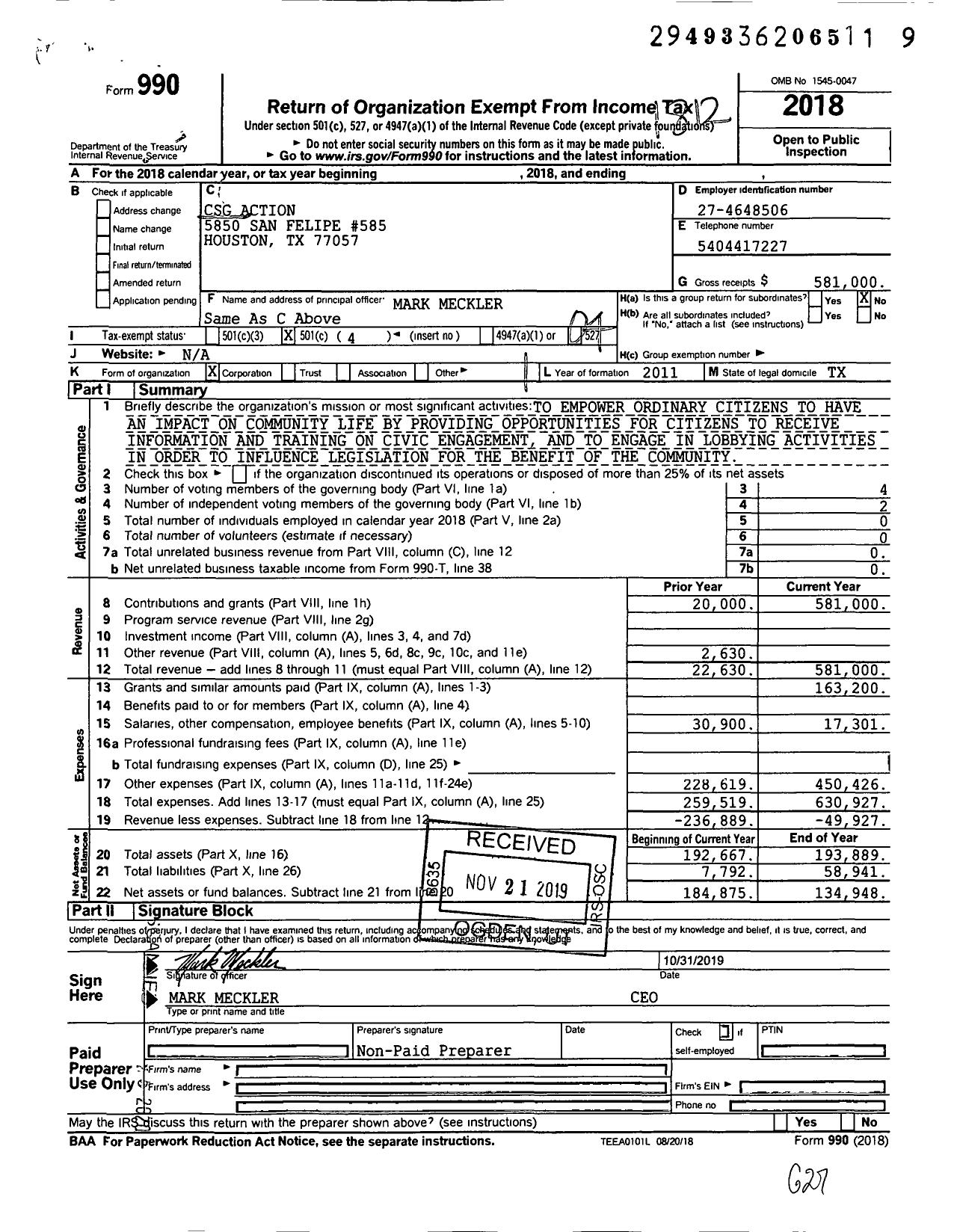 Image of first page of 2018 Form 990O for CSG Action