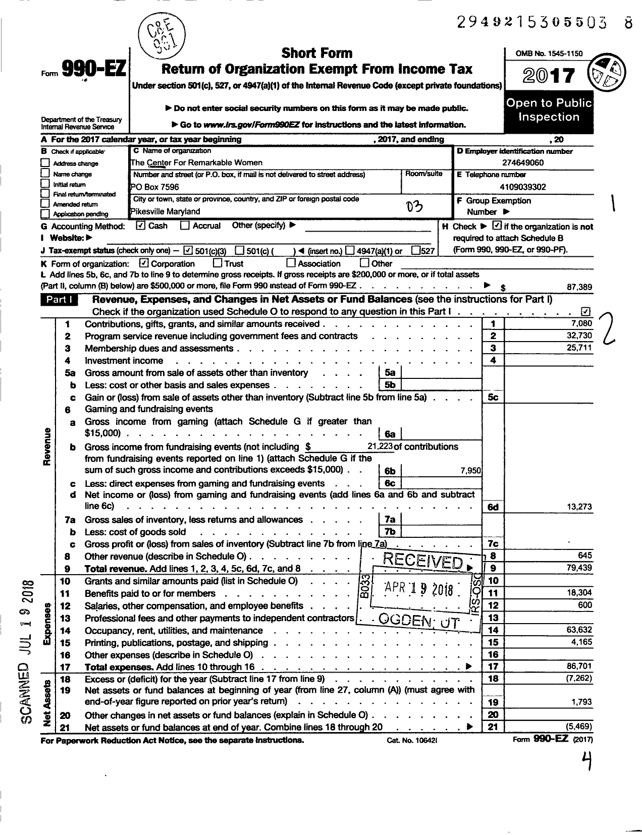 Image of first page of 2017 Form 990EZ for Center for Remarkable Women