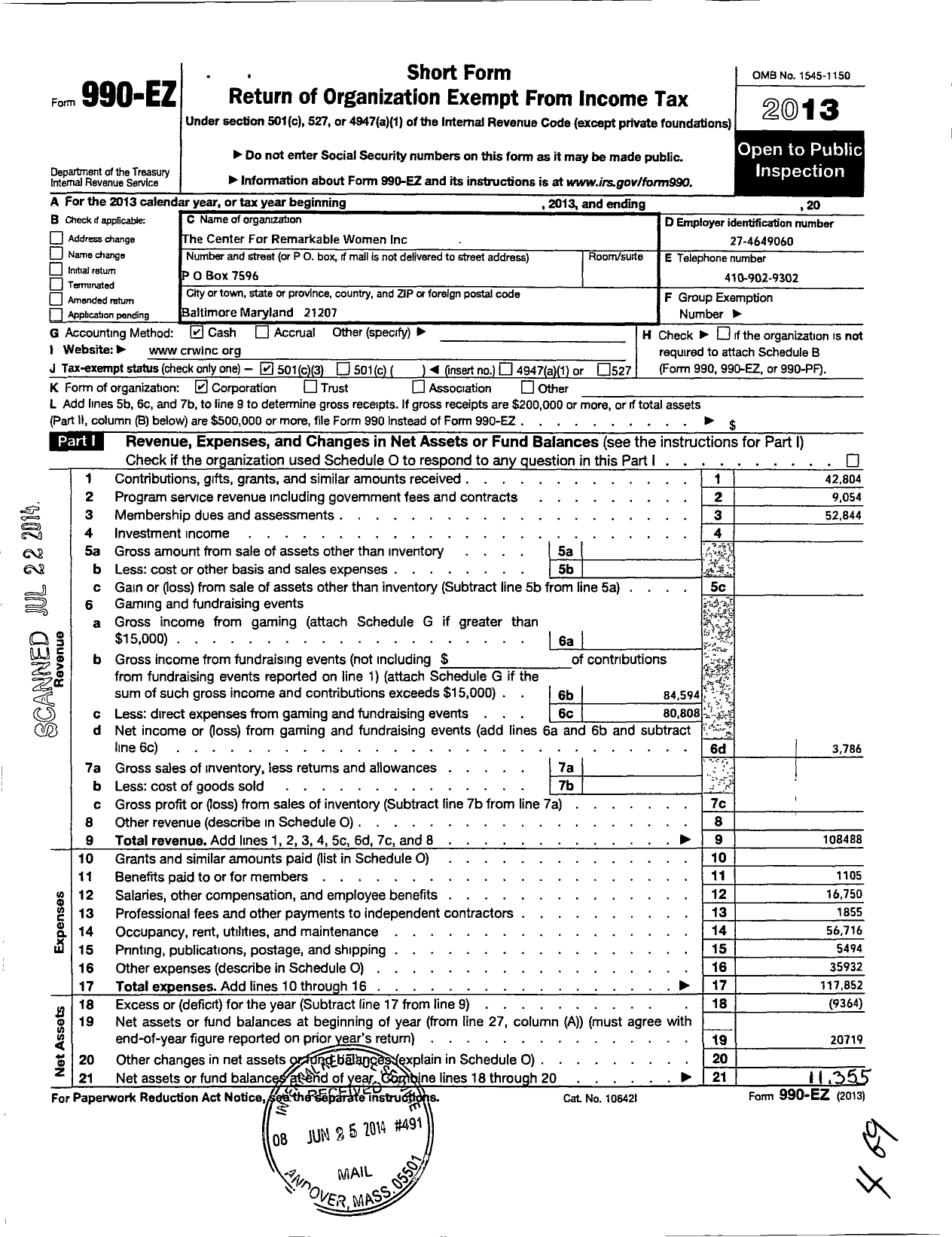 Image of first page of 2013 Form 990EZ for Center for Remarkable Women