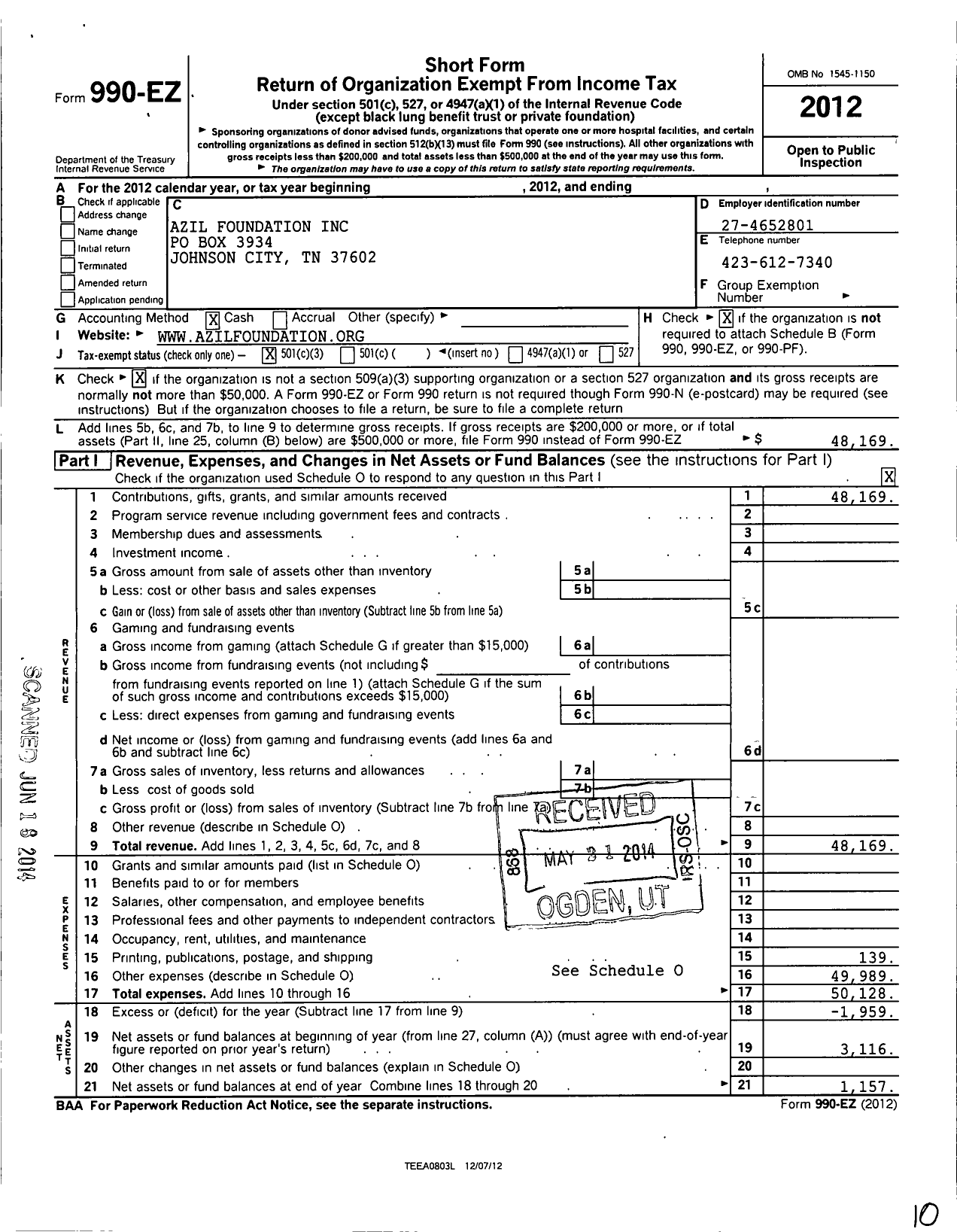 Image of first page of 2012 Form 990EZ for Azil Foundation
